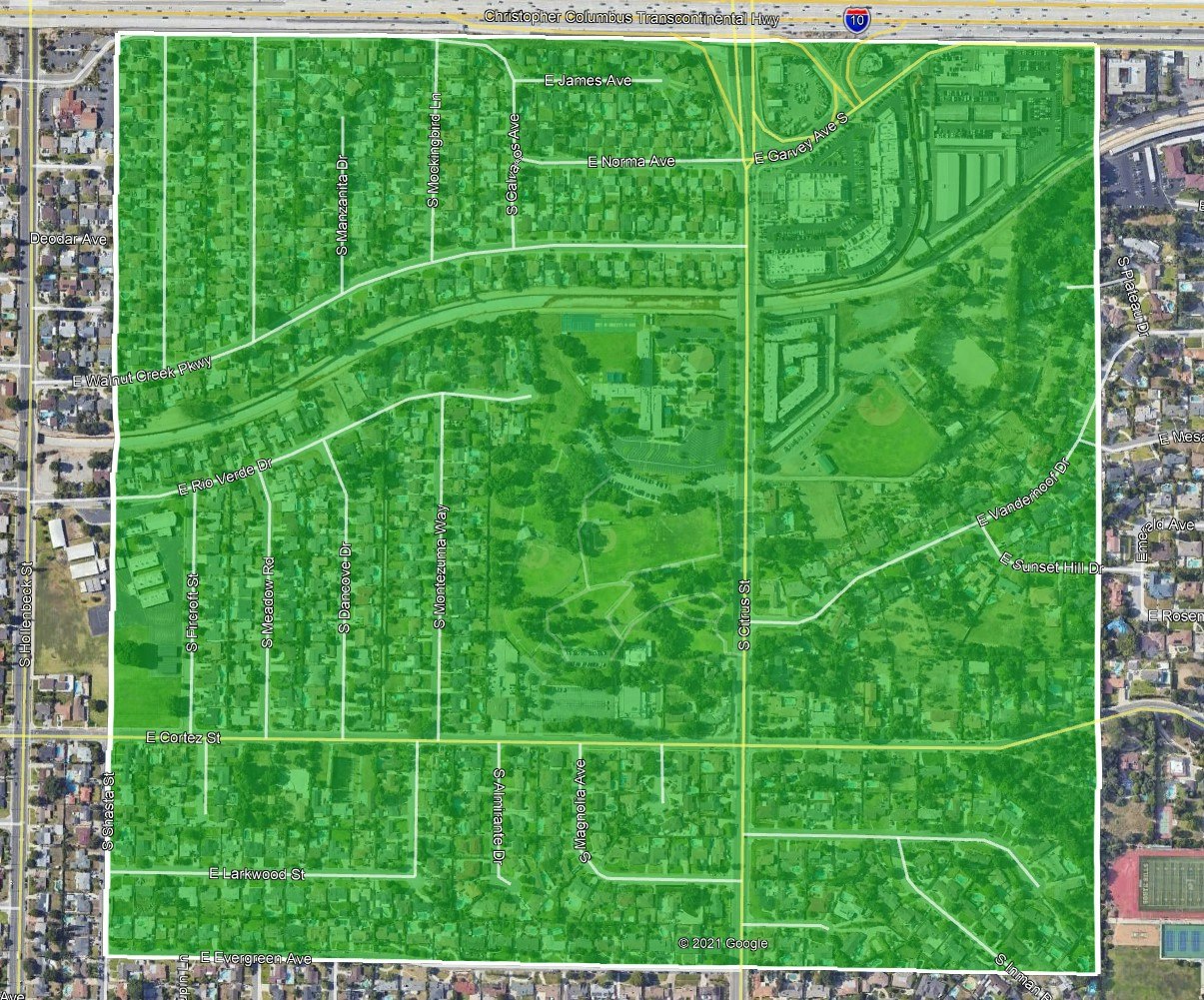 The image shows a map of a residential area with streets highlighted in green, indicating a specific section or region.