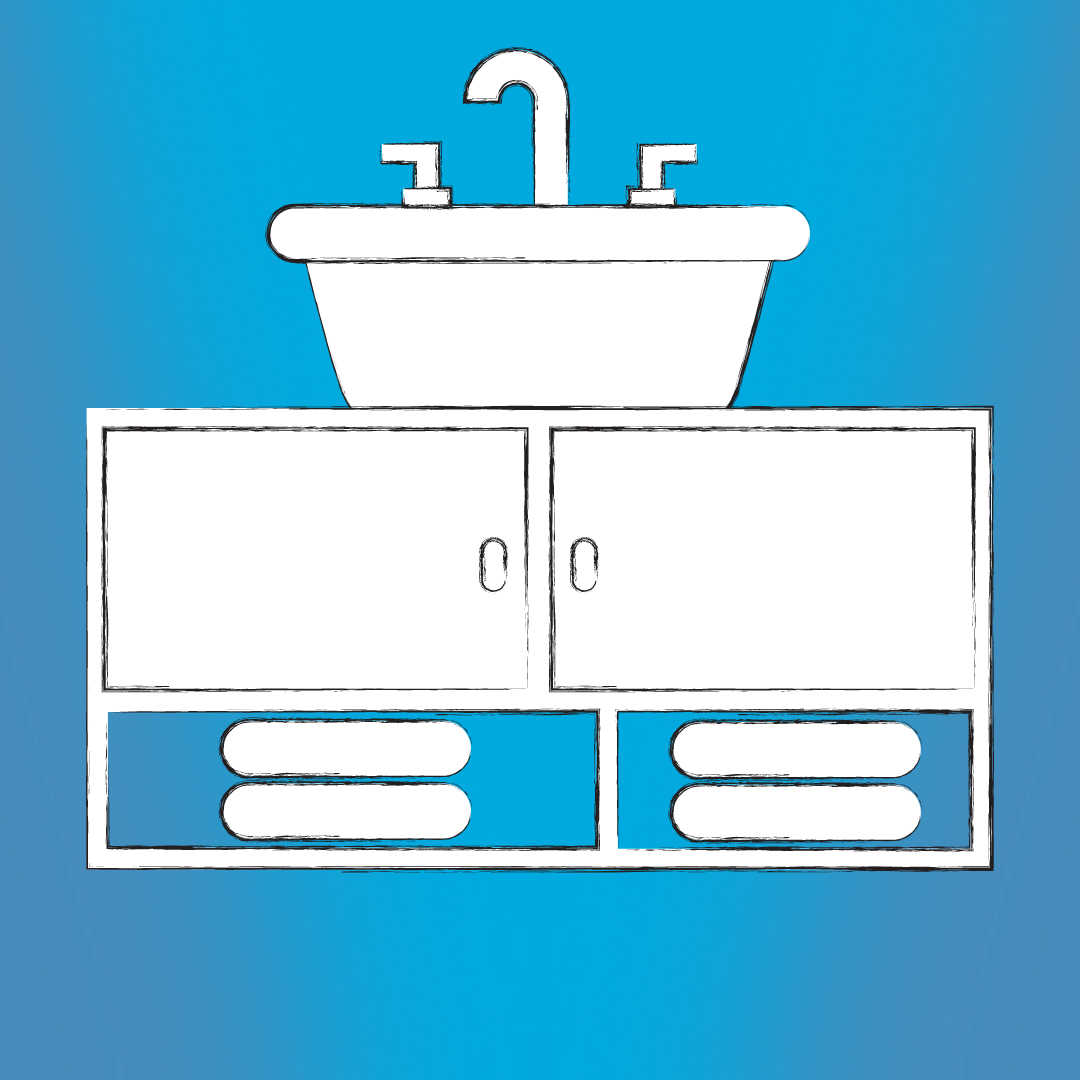 Illustration of a bathroom sink and vanity cabinet on a blue background.