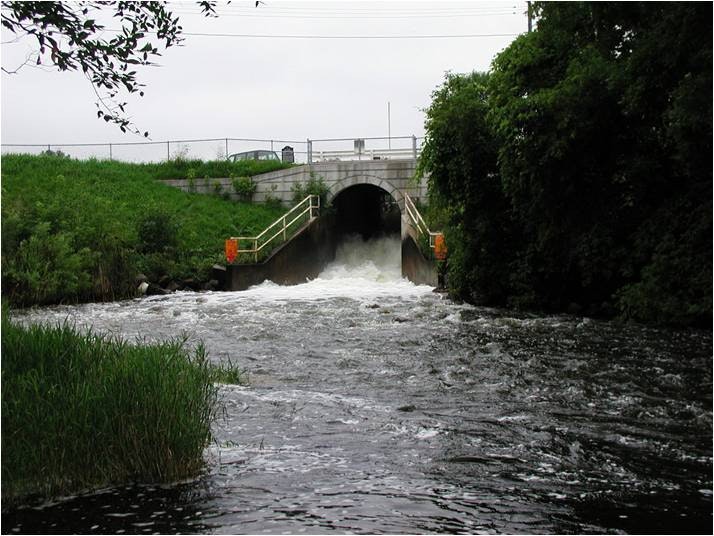 A water channel flowing through a tunnel with railings, surrounded by greenery.