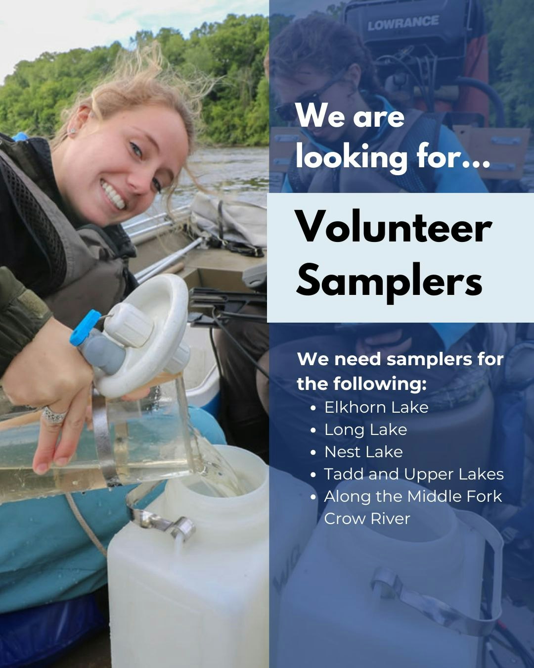 A volunteer pours water into a container. Text: "We are looking for Volunteer Samplers" at various locations.