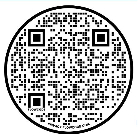 A circular QR code with the text "FLOWCODE" and a URL for "PRIVACY.FLOWCODE.COM" at the bottom.