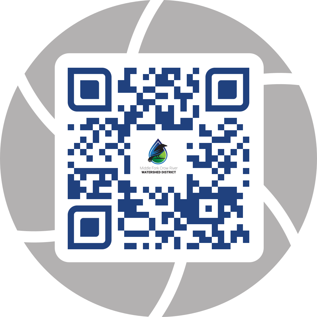The image features a QR code for the Middle Fork Crow River Watershed District, set against a circular background.