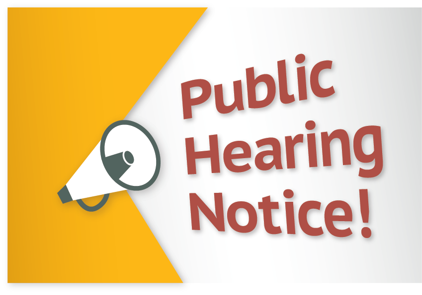 Graphic with "Public Hearing Notice!" text and a megaphone icon, split yellow/white background.