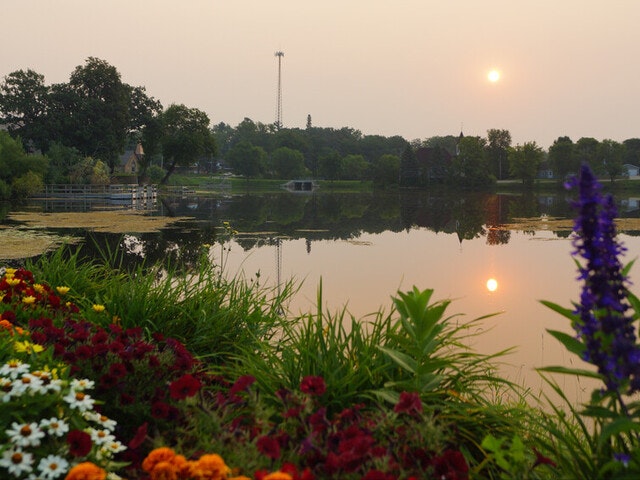 A calm lake with a bridge, trees, sunset, and a garden with vibrant flowers in the foreground.