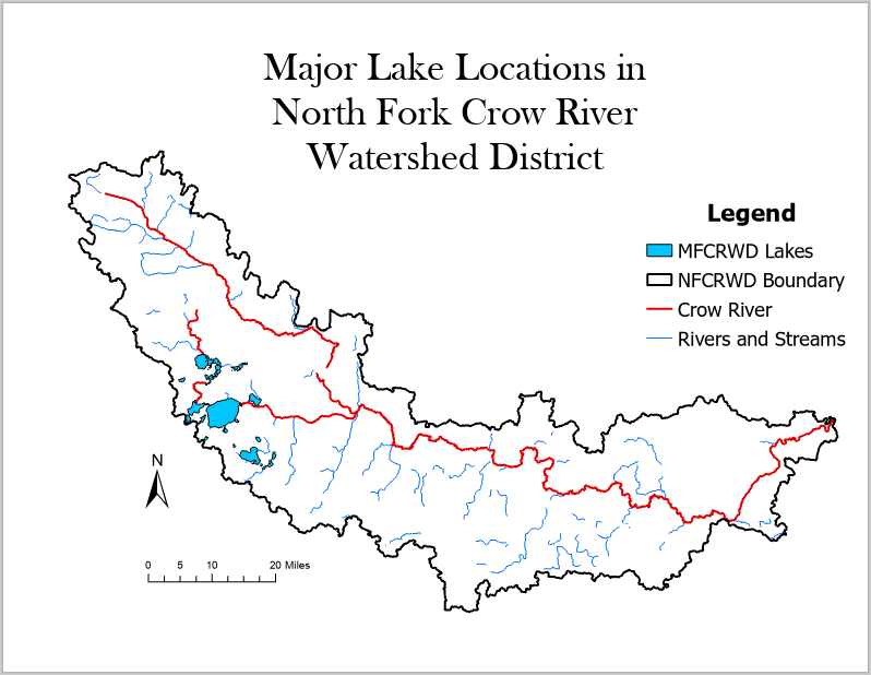 Map showing lakes, rivers, and boundaries within the North Fork Crow River Watershed District.