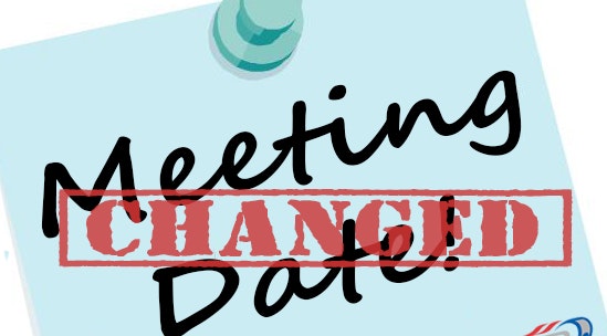 A note with "Meeting Changed Date" stamped on it, indicating a rescheduled appointment, attached by a pushpin.