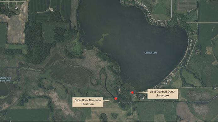 Aerial view of Calhoun Lake, Crow River Diversion Structure, and Lake Calhoun Outlet Structure.
