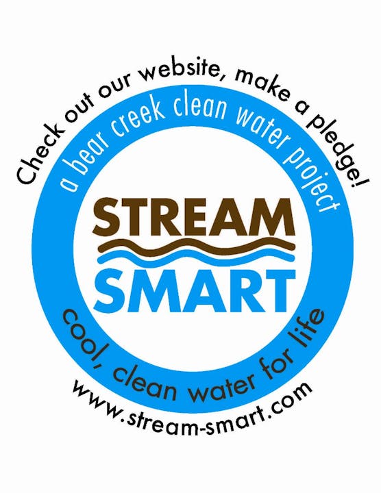 Logo for "Stream Smart," a clean water project. Text: "Check out our website, make a pledge! www.stream-smart.com."