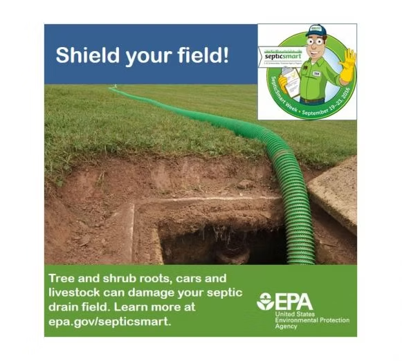 SepticSmart Week promo by EPA. Advises to protect septic drain fields from damage by roots, cars, and livestock.