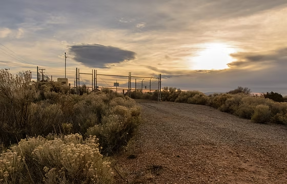 A gravel road leads to a fenced area, surrounded by bushes under a cloudy sky, with the sun setting in the background.