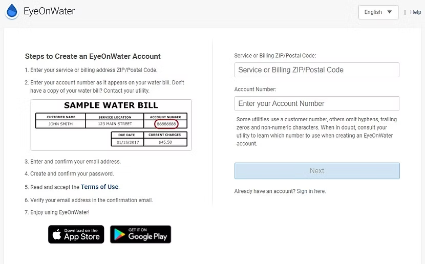 Screen showing EyeOnWater account setup steps and login form, with app download links for App Store and Google Play.