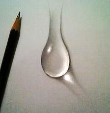 A realistic drawing of a water droplet next to a pencil on paper.