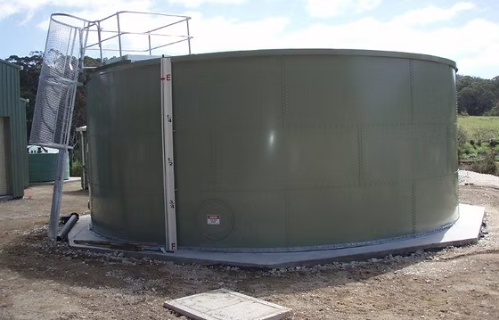 A large, green metal water storage tank with a ladder and a level gauge on the side, located outdoors.