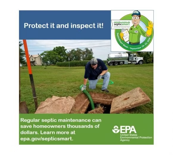 A person inspecting a septic tank, promoting regular maintenance by the EPA to save homeowners money.