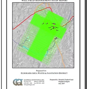 Well field management report cover with map and logos for Eldorado Area Water & Sanitation District by Geohydra Consulting, Inc.