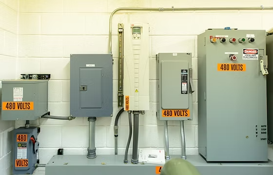 Electrical panels and boxes labeled "480 Volts" and caution signs on a wall.