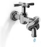 A twisted faucet with a single drop of water falling from it.