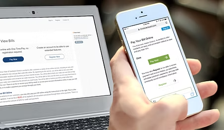 A person is using a smartphone and laptop to pay bills online, featuring options for account creation and one-time payments.