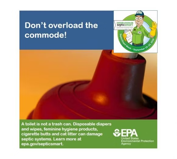 EPA graphic warning not to overload toilets; avoid flushing non-biodegradable items to protect septic systems.