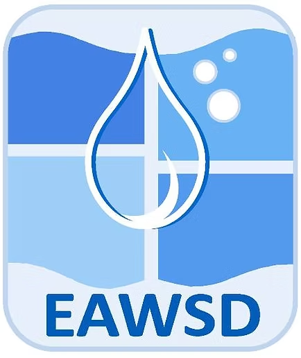 Logo with a water droplet and bubbles over a blue background, reading "EAWSD."