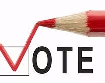 A red pencil checks a box beside the word "VOTE."