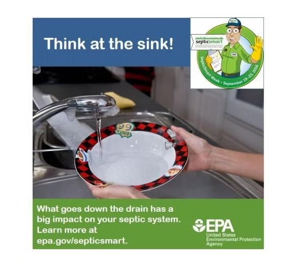 A hand washing dishes under a faucet, emphasizing septic system awareness. "Think at the sink!" with EPA info at epa.gov/septicsmart.
