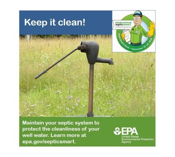 Septic system maintenance PSA featuring a pump, urging users to keep it clean and visit epa.gov/septicsmart for more info.