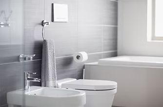 Modern bathroom with a toilet, bidet, gray tiles, towel, toilet paper, and bathtub.