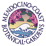 The image features a circular logo for Mendocino Coast Botanical Gardens, featuring flowers and ocean waves.
