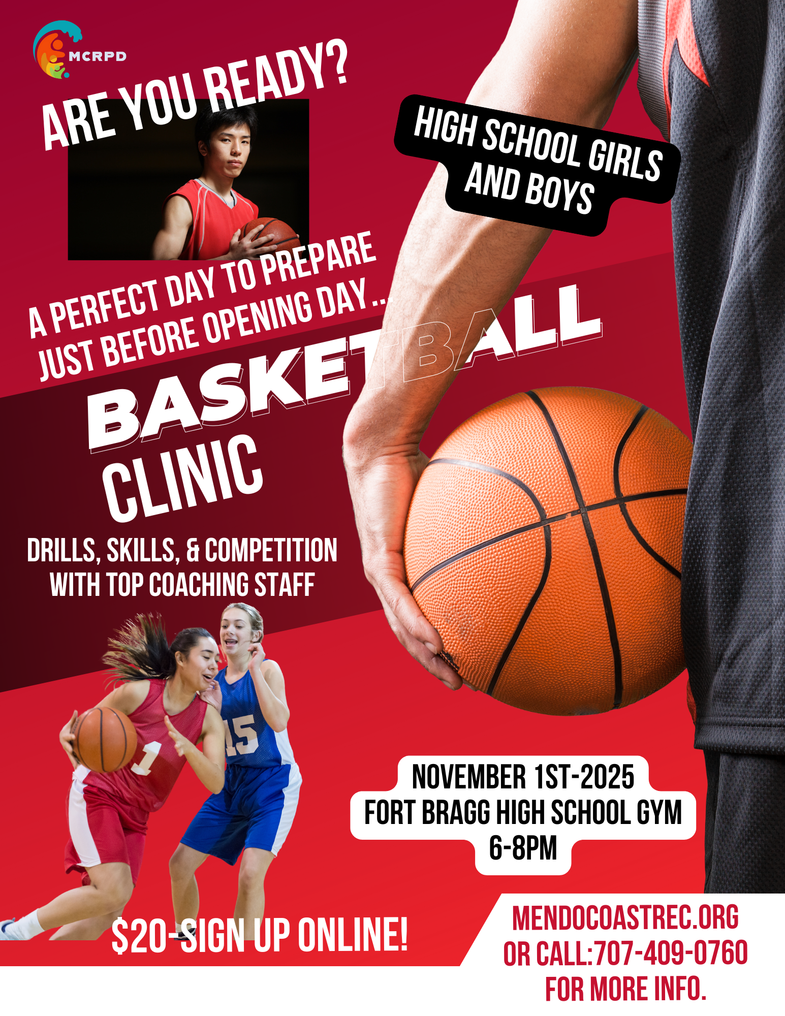 Basketball clinic for high schoolers on Nov 1, 2025, 6-8 PM at Fort Bragg High School Gym. Sign up online for $20.