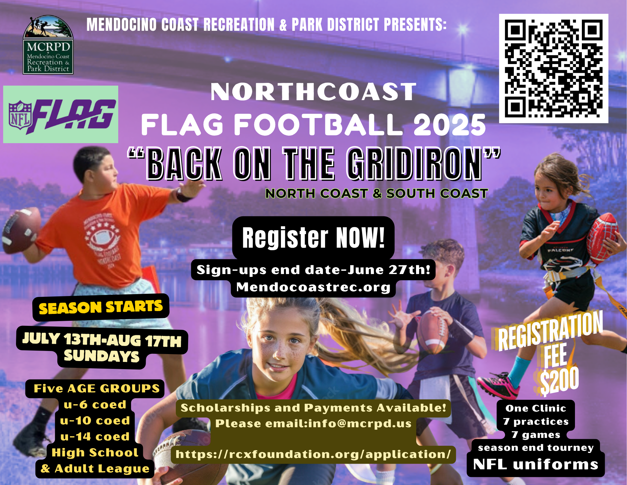Northcoast Flag Football 2025 event poster featuring registration details, age groups, fees, and contact info. Season: July 13-Aug 17.