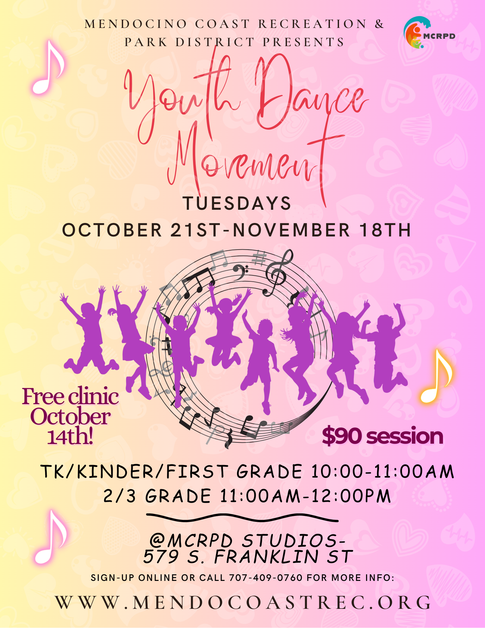 Youth Dance Movement by MCRPD, sessions from October 21 to November 18, $90. Free clinic October 14. mendoCoastRec.org for details.