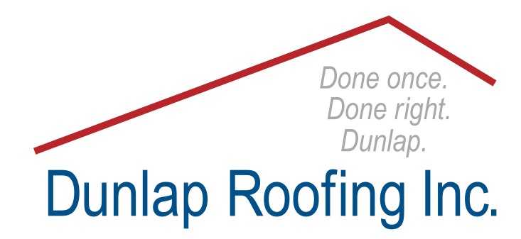 Dunlap Roofing Inc. logo with a red roof outline and the slogan "Done once. Done right. Dunlap."