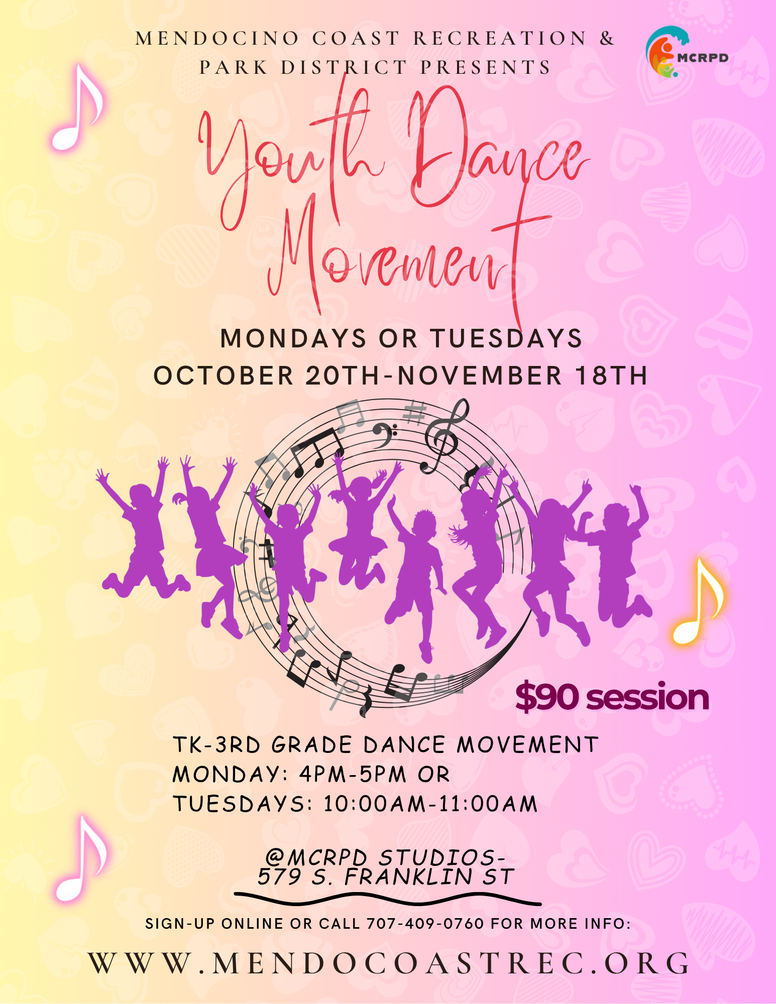Youth Dance Movement: Mondays or Tuesdays, Oct 20-Nov 18. TK-3rd grade. Sign up at mendocoastrec.org. $90/session.
