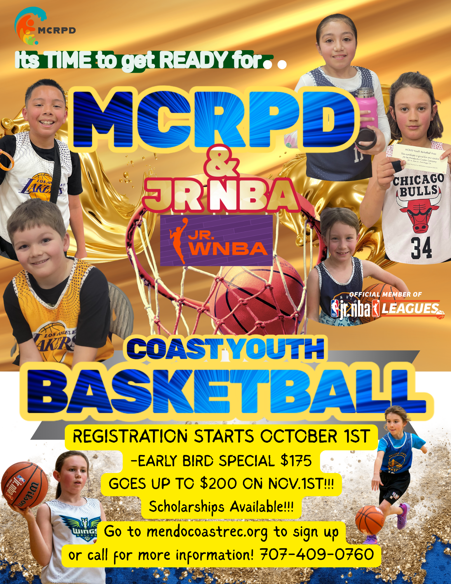Youth basketball registration with MCRPD and Jr. NBA/WNBA; early bird special $175 until Nov 1. Scholarships available. Call or visit website.