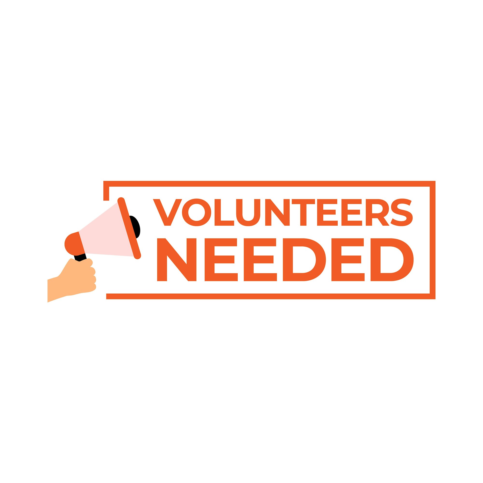 A graphic with a megaphone and text "VOLUNTEERS NEEDED."