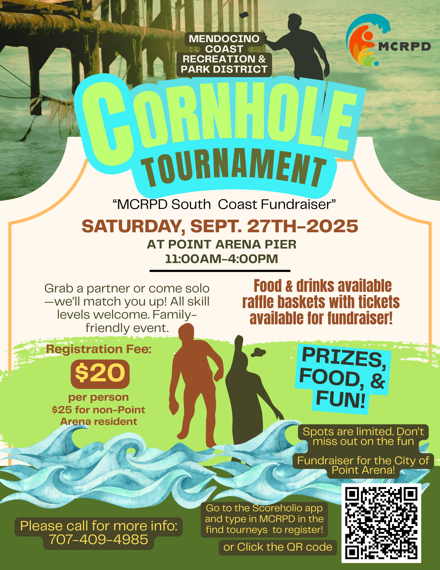 Cornhole tournament fundraiser on Sept 27, 2025, at Point Arena Pier, 11 AM-4 PM. $20 registration, prizes, food, and fun!