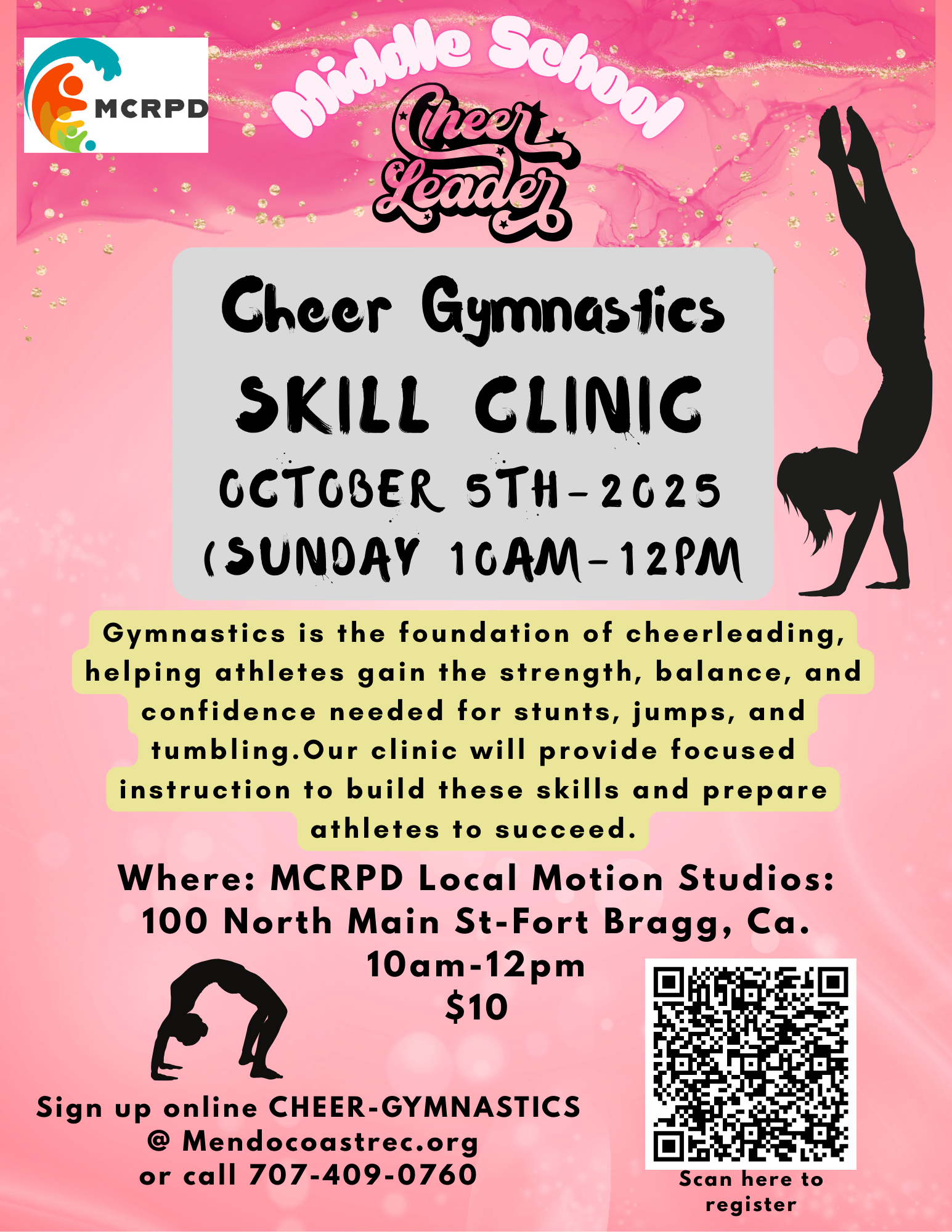 Middle School Cheer Gymnastics Skill Clinic, Oct 5, 2025, 10am-12pm, Fort Bragg, CA. $10. Register at Mendocoastrec.org or call.