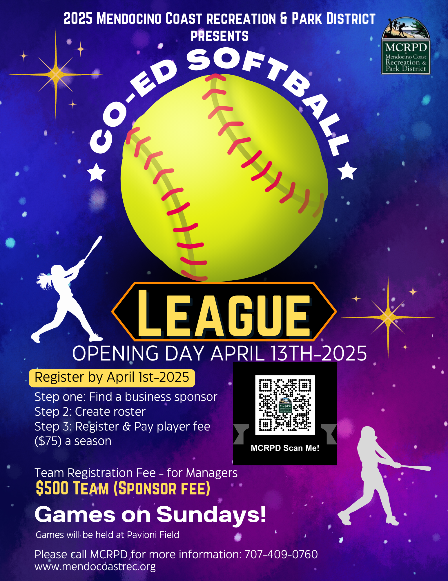 Co-ed Softball League flyer for Mendocino Coast Recreation. Opening April 13, 2025. Register by April 1. Games on Sundays at Pavioni Field.