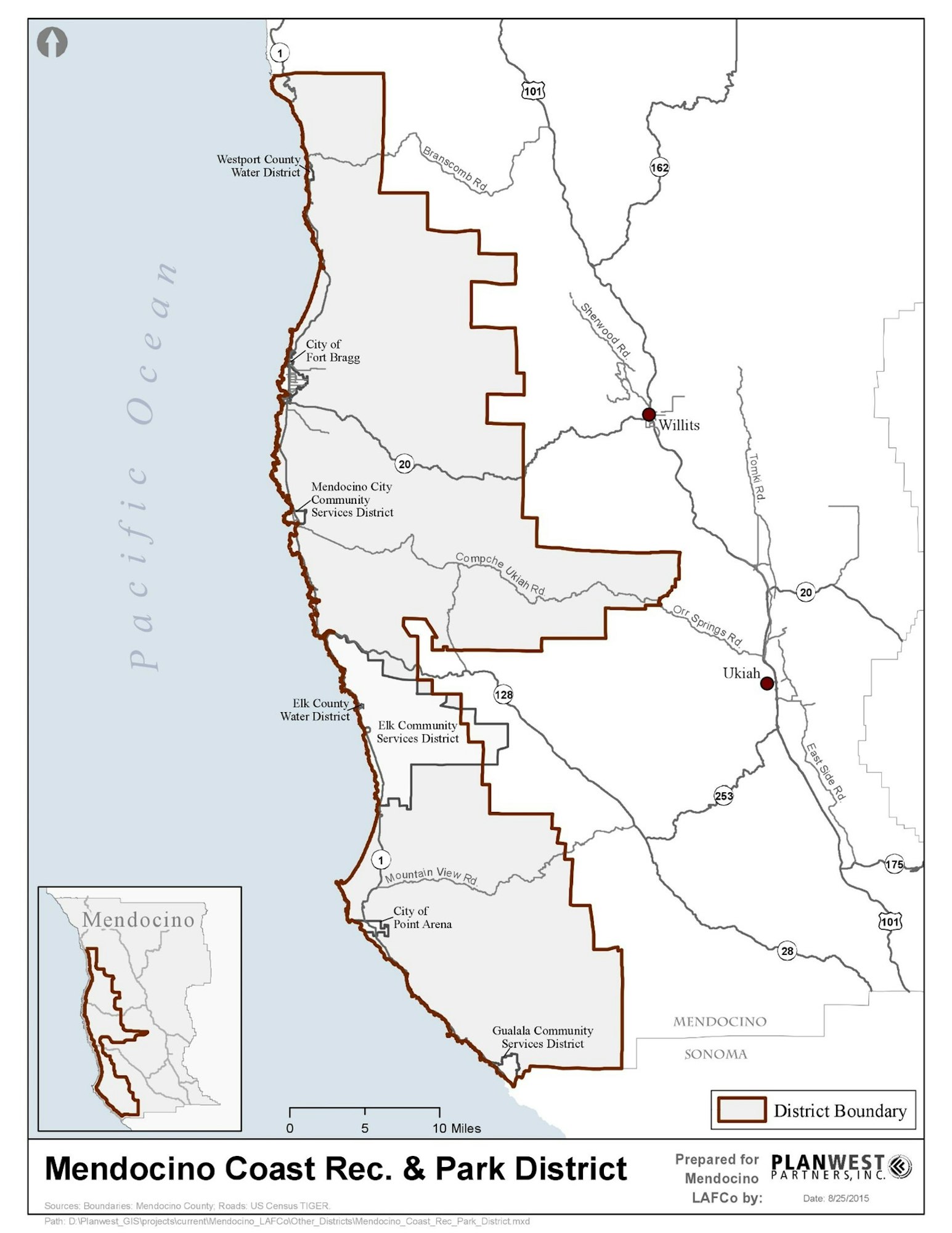 Map of Mendocino Coast Recreation & Park District with boundaries, roads, cities, and Pacific Ocean.