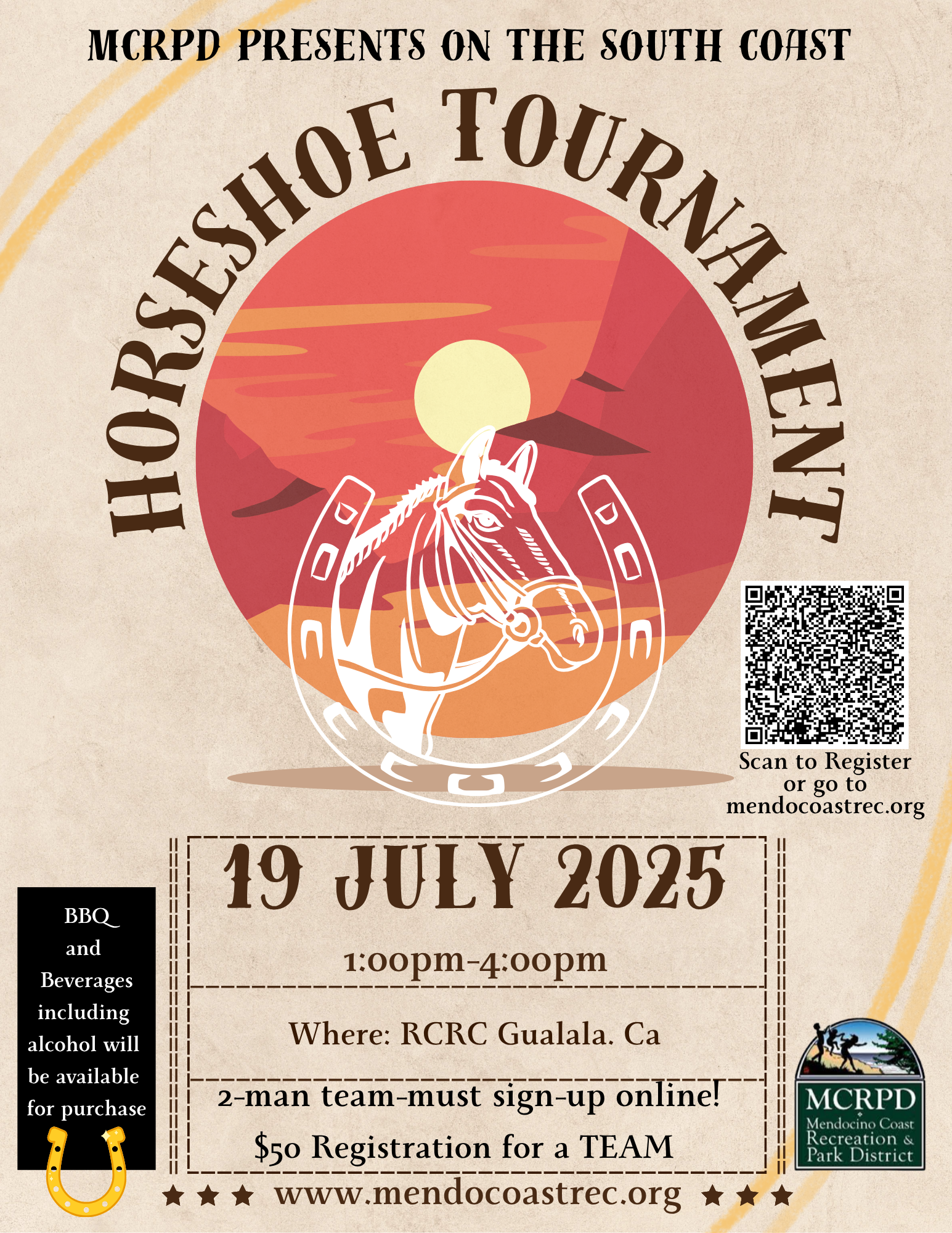Horseshoe Tournament on July 19, 2025, 1-4 PM at RCRC Gualala, CA. $50/team. BBQ and drinks available. Register at mendocoastrec.org.