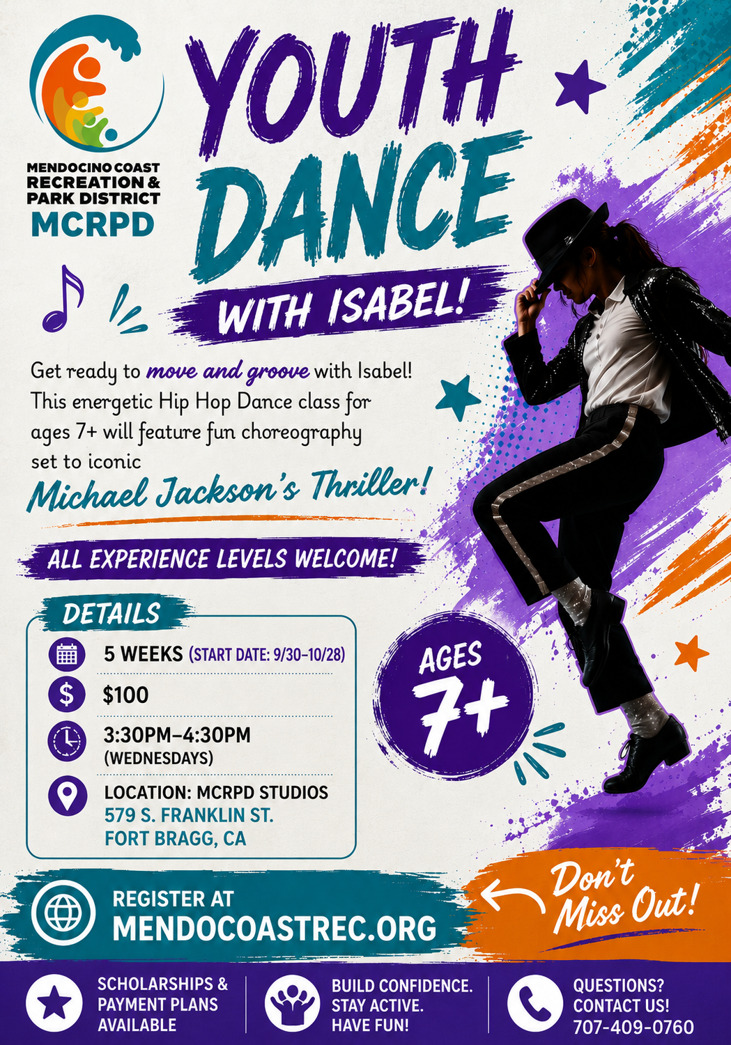 Youth dance class with Isabel for ages 7+, featuring Hip Hop to Michael Jackson's "Thriller." Starts 9/30 for 5 weeks. $100.