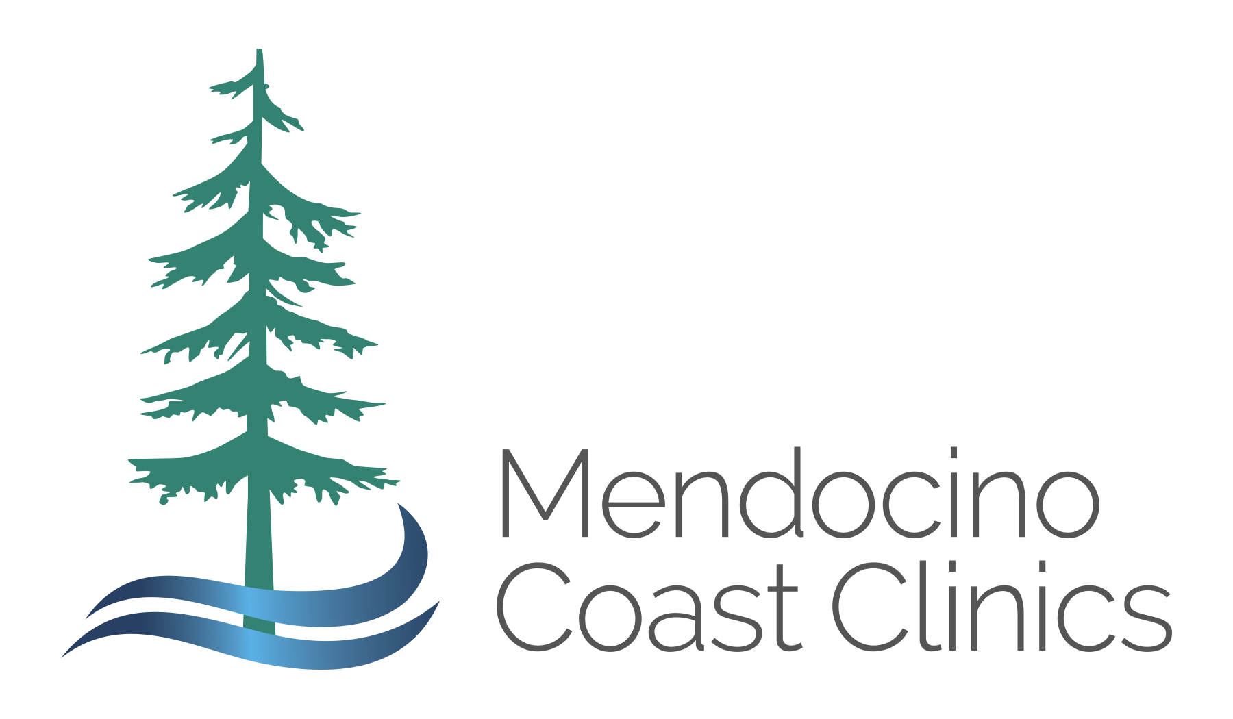 Logo of Mendocino Coast Clinics featuring a tree and waves.
