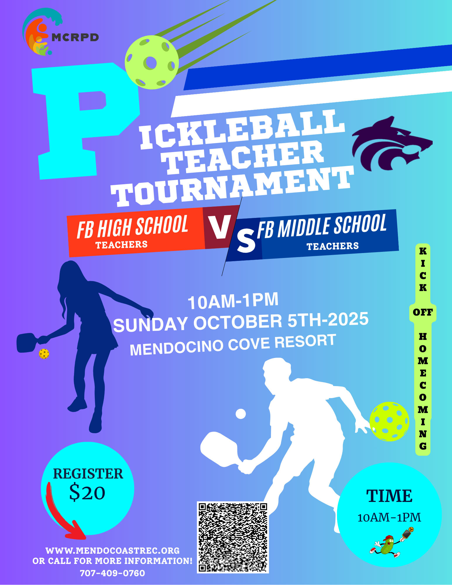 Pickleball Teacher Tournament, FB High vs. Middle School, Oct 5, 2025, Mendocino Cove Resort, 10AM-1PM, $20 Registration.
