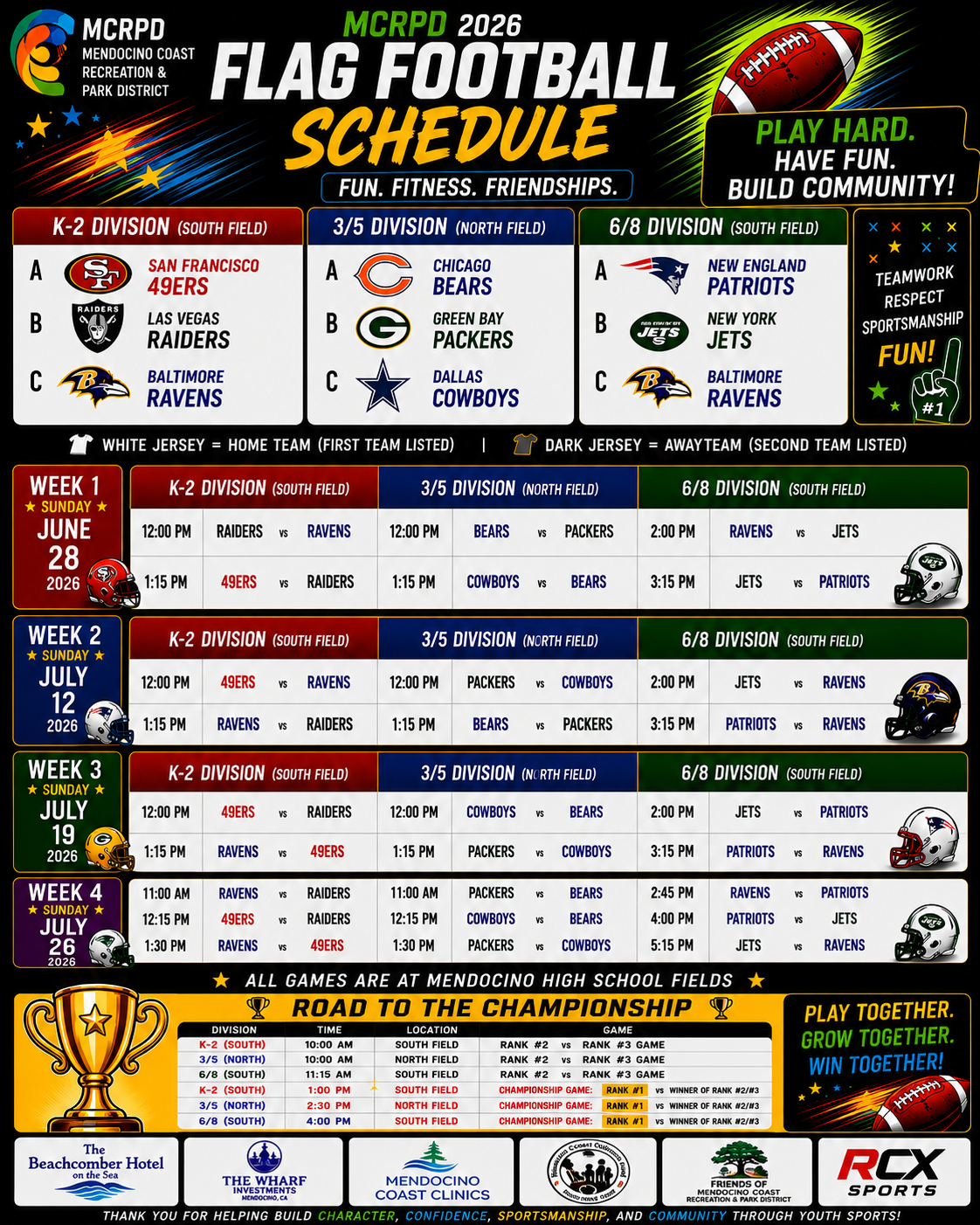 MCRPD 2026 flag football schedule for K-2, 3/5, and 6/8 divisions, featuring team matchups and game times at Mendocino High School.