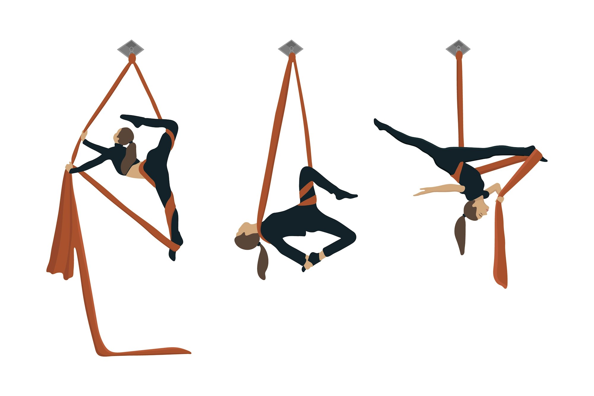 Three people performing aerial silk poses, hanging upside down using orange fabric.