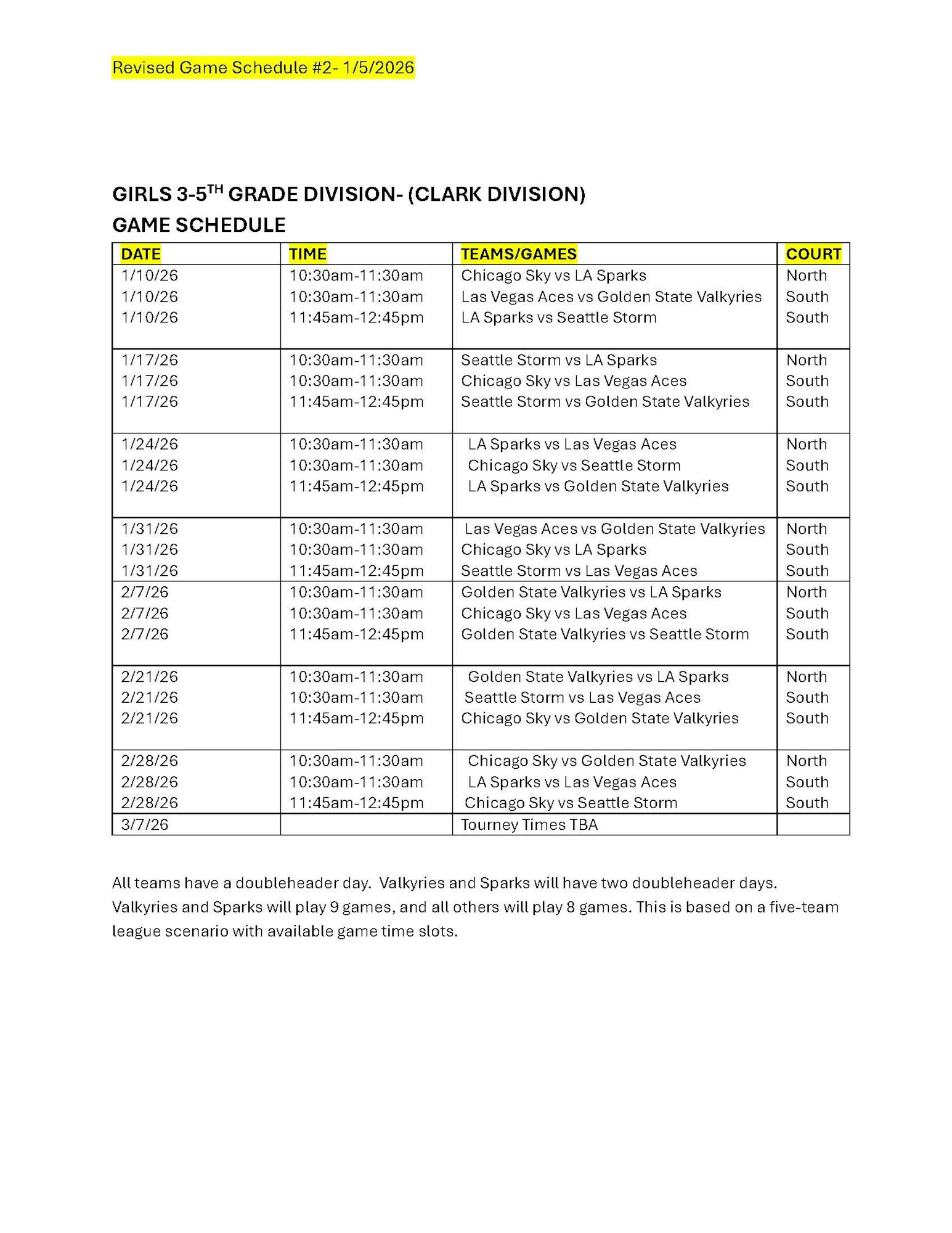 It's a game schedule for girls' 3rd-5th grade basketball (Clark Division) with dates, times, teams, and court assignments.