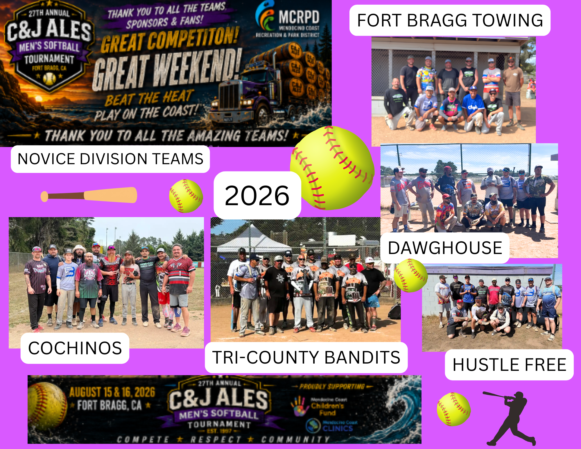 Image highlights the 27th Annual C&J Ales Men's Softball Tournament in Fort Bragg, CA, featuring teams like Cochinos and Dawghouse.