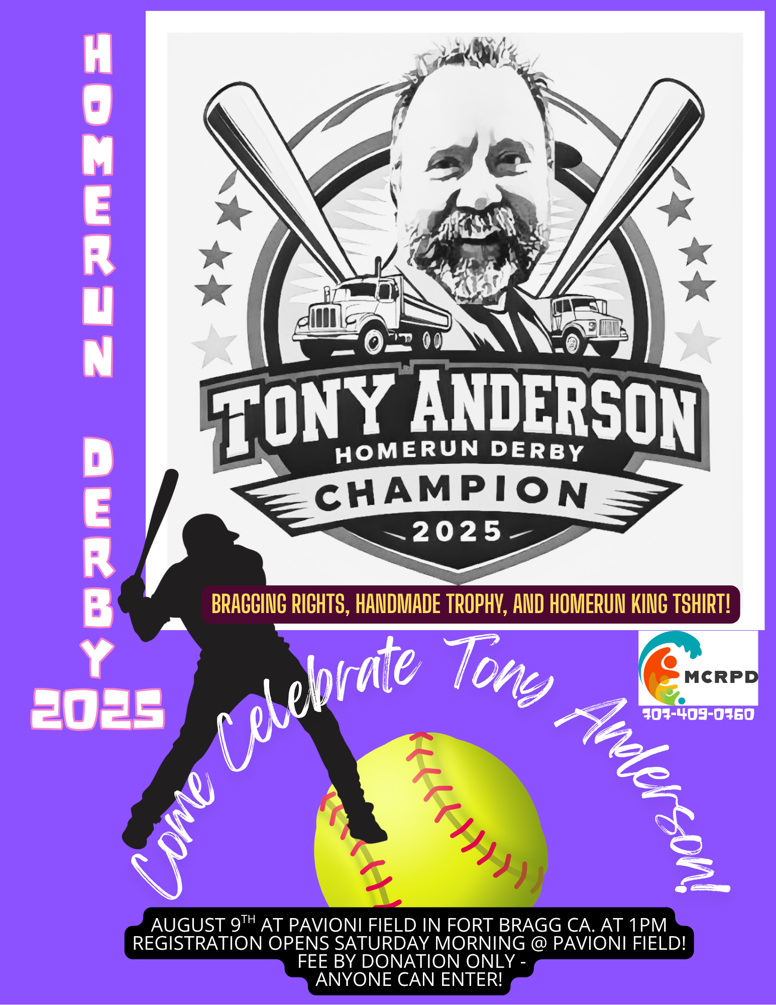 Homerun Derby 2025 event flyer celebrating Tony Anderson with a baseball bat, softball, and details for participation.