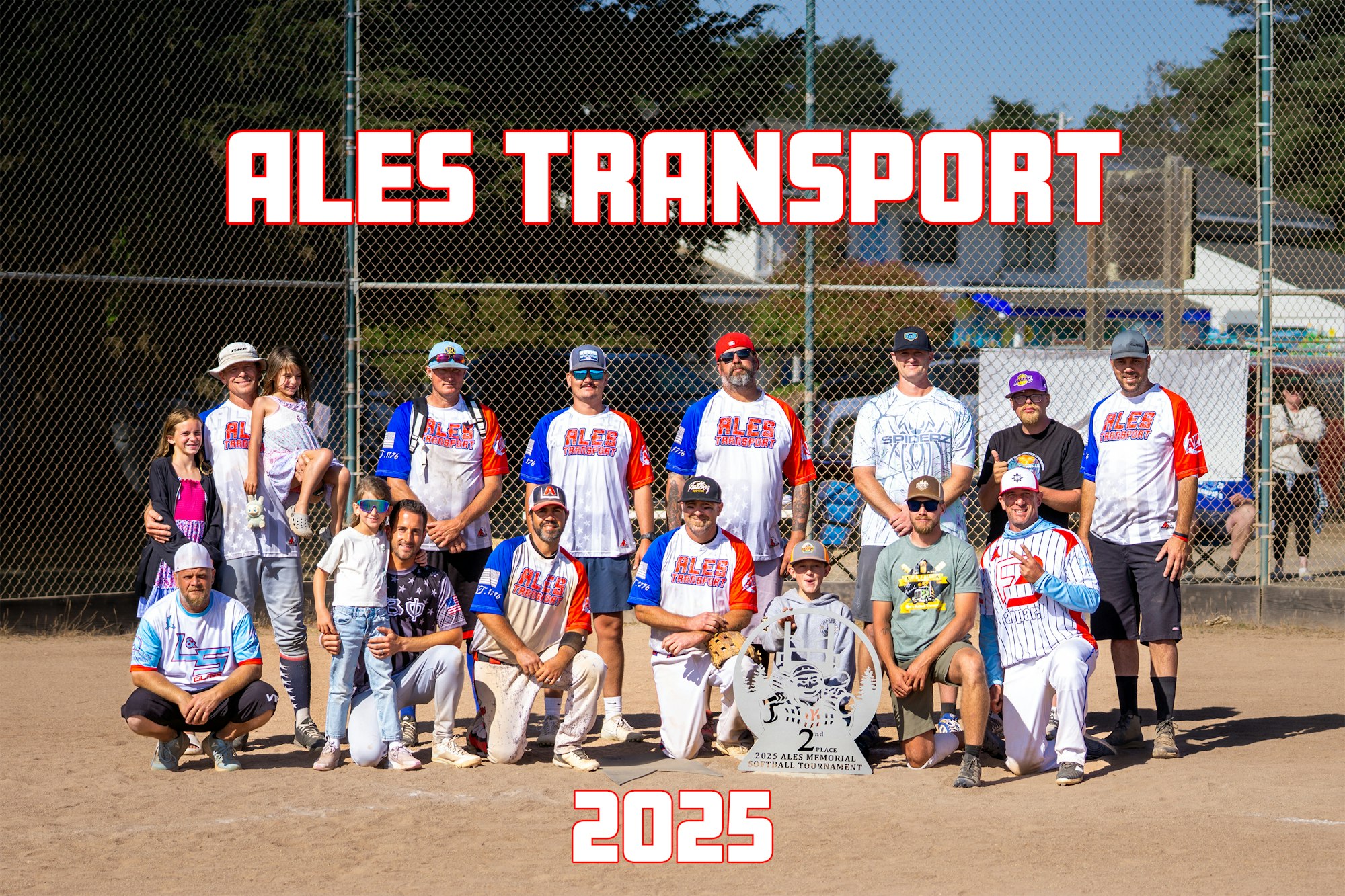 A group photo of a softball team, "Ales Transport," with a trophy for 2nd place at the 2025 Ales Memorial Softball Tournament.